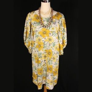 Lapis Yellow & Green Bold Floral Retro Style Loose Fit Tunic Dress - Sm Med